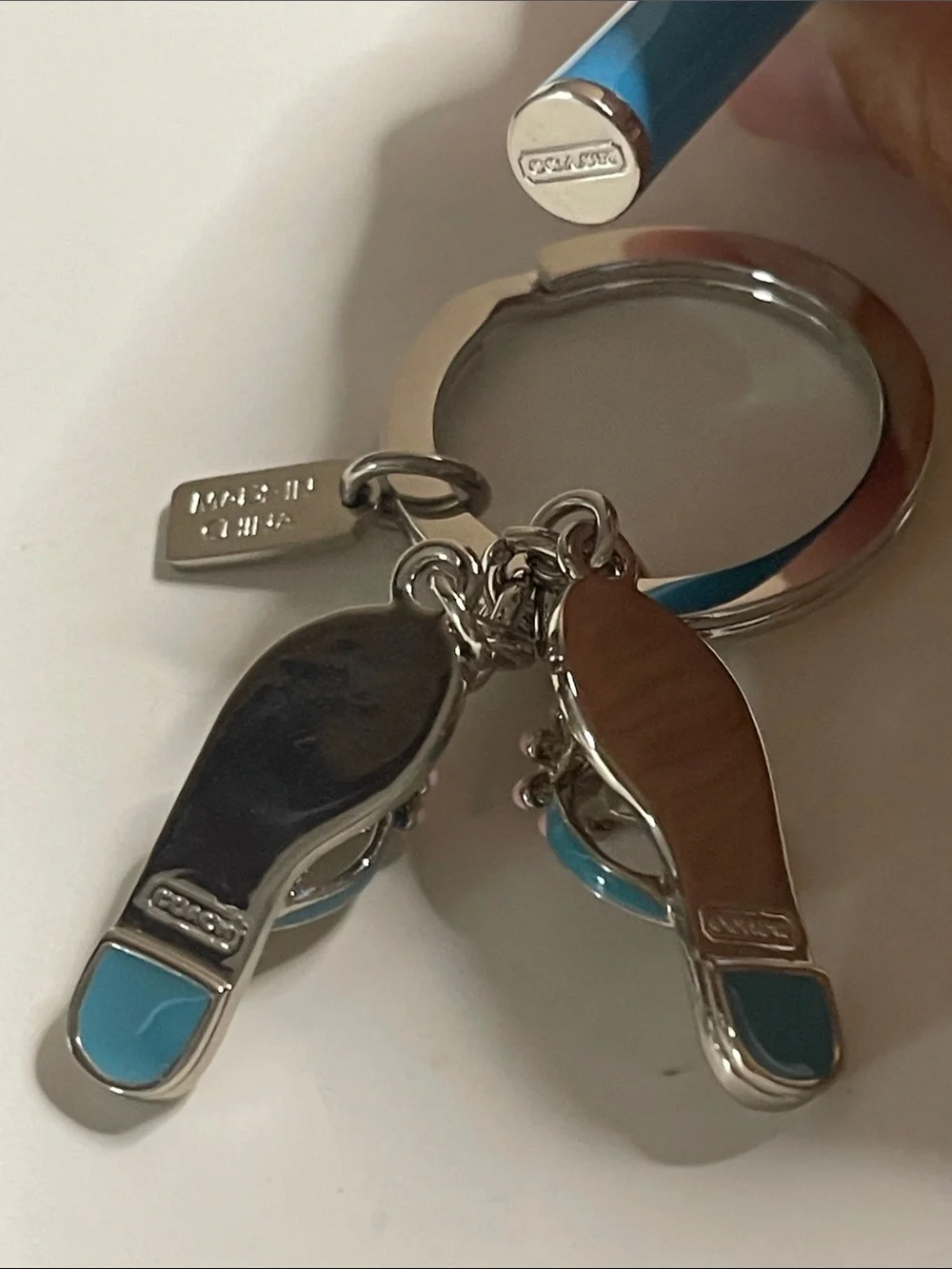 COACH Flip Flop Charm Keychain with Pink Flower Accents and Coach Pen